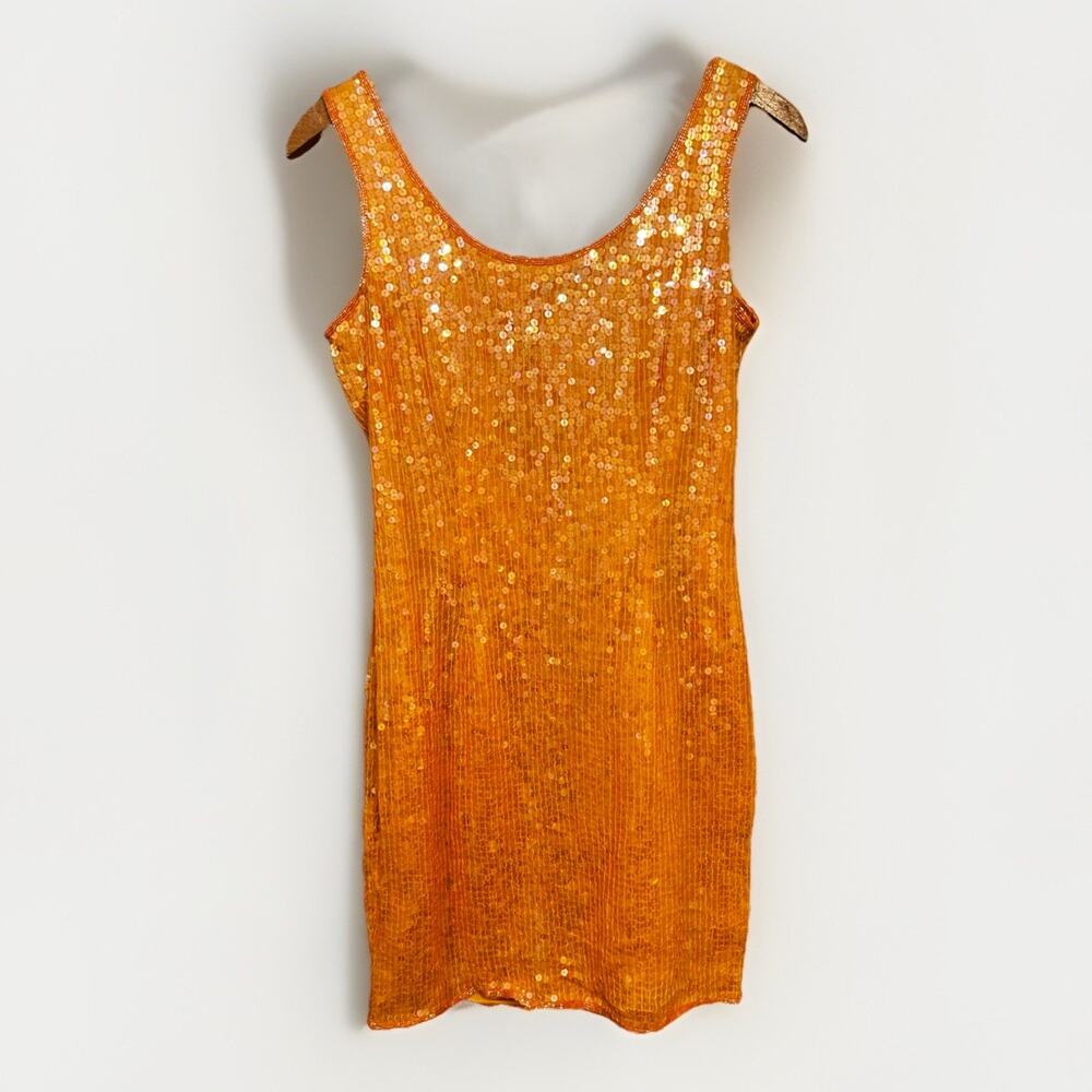 Vintage Papell Boutique Evening Orange Silk Sequin Mini Dress With Original Tags